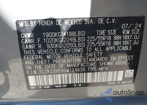 2025 Honda Hr-V Awd Sport из США, поврежденный, VIN 3CZRZ2H59SM724630